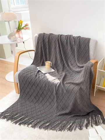 1pc Grey Fringe Trim Throw Blanket, Simple Tufted Detail Tassel Trim Decor Throw For Sofa