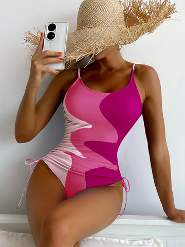 Summer Beach Colorblock Drawstring Side One Piece Swimsuit