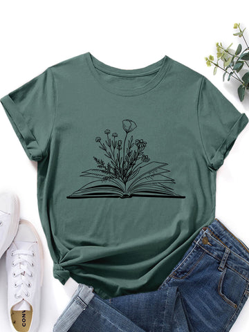Book And Floral Print Tee