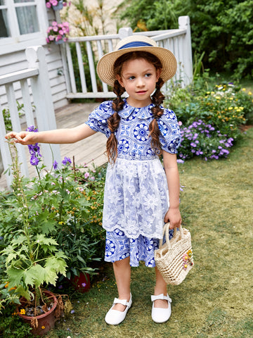 Toddler Girls Floral Print Puff Sleeve Dress With Apron