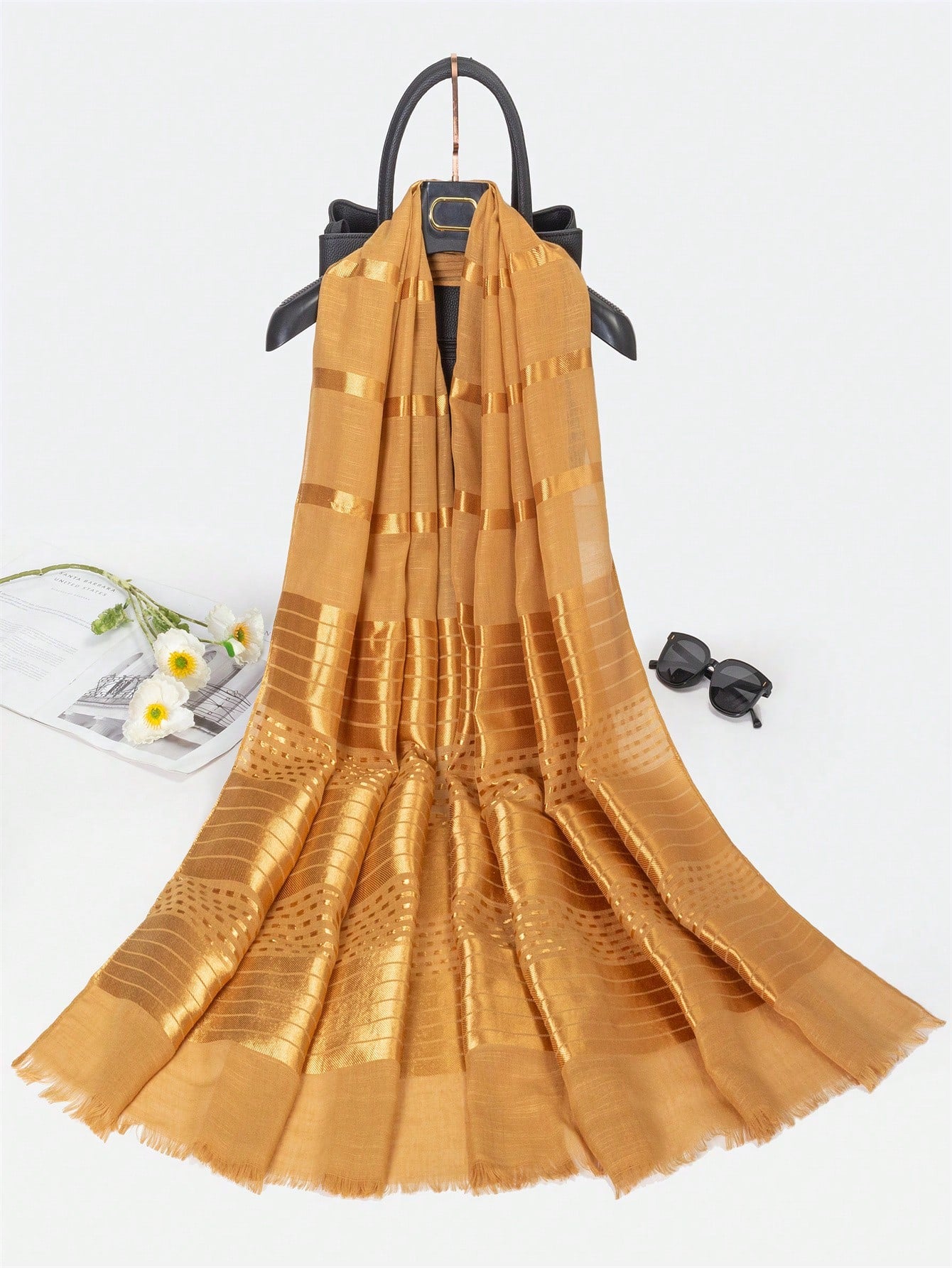 New Women's Polyester Scarf With Glitter And Short Fringe, Fashionable And Casual Solid Color Shawl