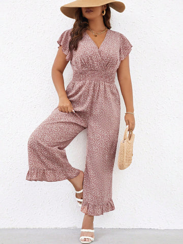 Plus Ditsy Floral Butterfly Sleeve Ruffle Hem Jumpsuit