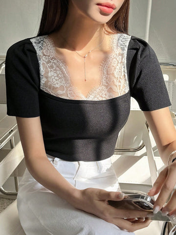 Contrast Lace Square Neck Puff Sleeve Crop Knit Top