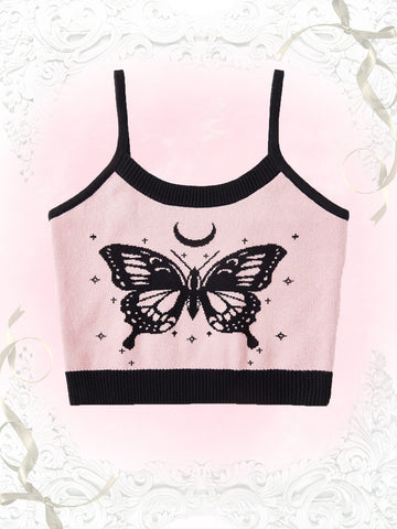 Butterfly Pattern Contrast Binding Cami Knit Top
