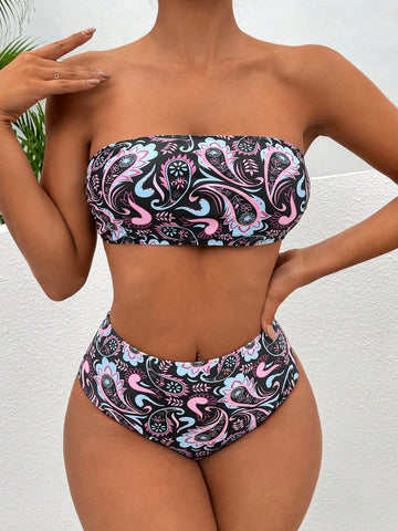 Paisley Print Bandeau Bikini Swimsuit