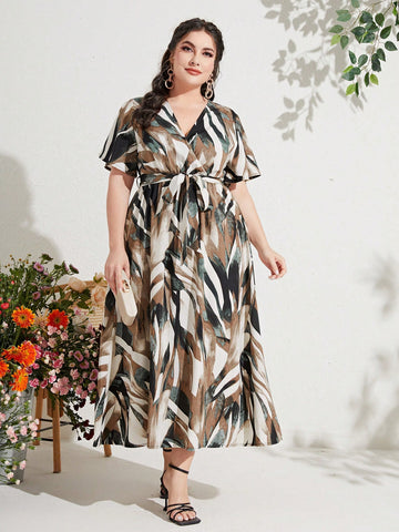 Plus Tropical Print Belted Dress