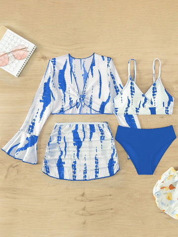 Teen Girls Allover Print Bikini Swimsuit With Flounce Sleeve Cover Up Set