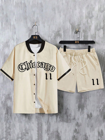 Men Letter Graphic Baseball Collar Shirt & Drawstring Waist Shorts Without Tee