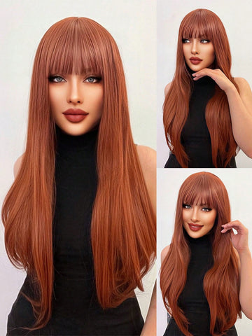 Synthetic Hair Long Orange Natural Silky Straight Wig With  Bangs For Women Daily Party Use 26 Inch Women Dress Up Wig For Fancy Dress Halloween Costume Party Props Glueless Heat Resistant Fiber Hair High Density Natural Looking Wig For Holiday Gifts & 1p
