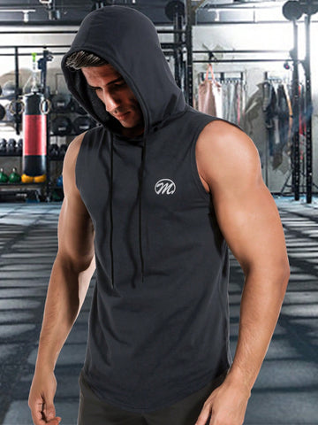 Men Letter Graphic Drawstring Hooded Sports Tank Top