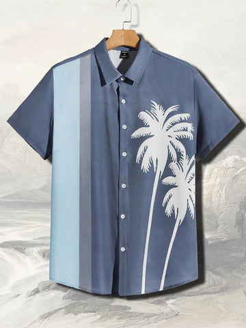Men Coconut Tree Print Colorblock Shirt