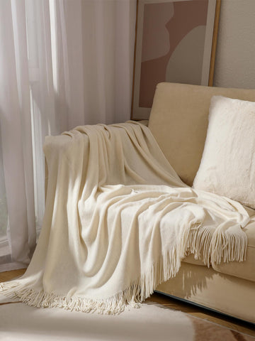 1pc Solid Color Fringe Trim Throw Blanket, White Fabric Sofa Blanket, For Reading, Office, Travel