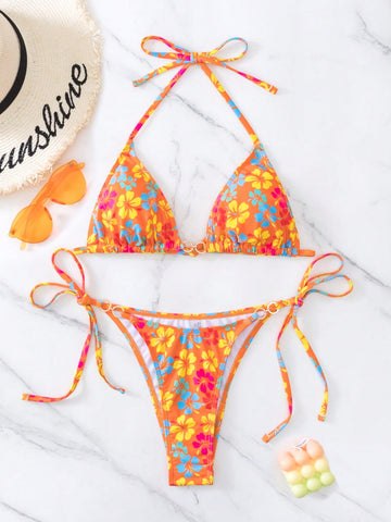 Summer Beach Floral Print Halter Triangle Bikini Swimsuit