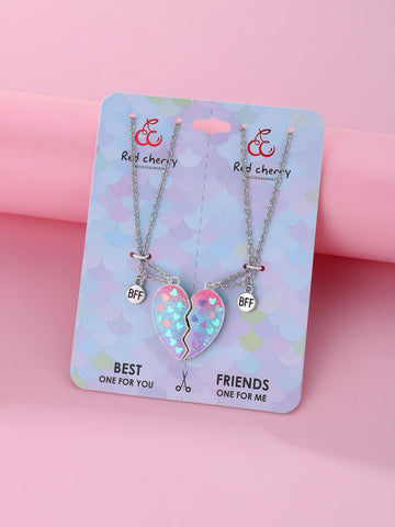 2pcs/Set Children's Bff Heart Shaped Zinc Alloy, Colorful Resin, Pvc And Oil Drop Design Magnetic Pendant Necklace Set Suitable For Best Friends Wear As Daily Jewelry