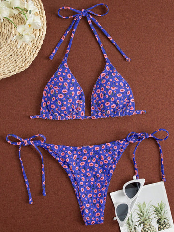 Ditsy Floral Triangle Tie Side Bikini Swimsuit