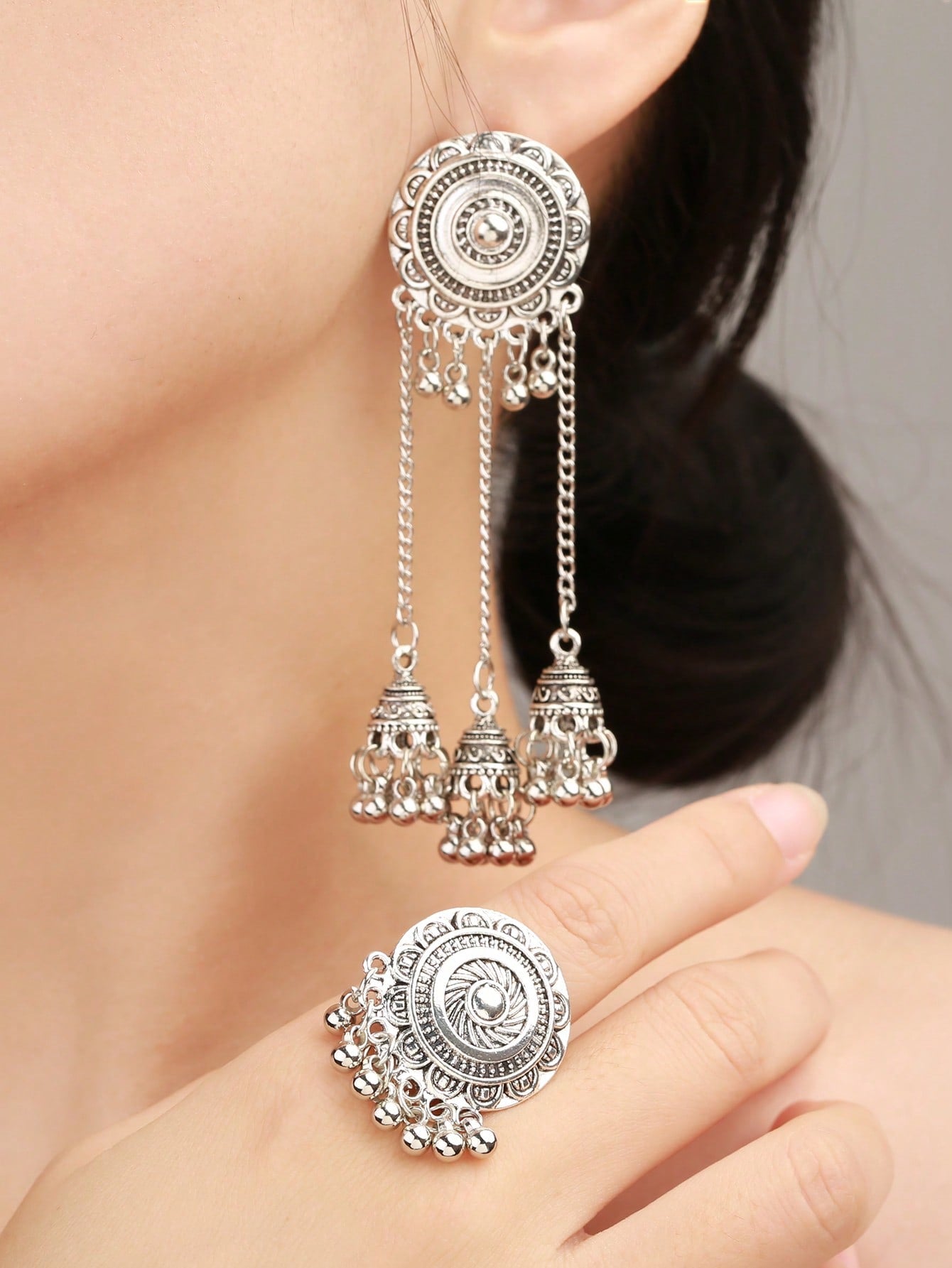 3pcs/set Exquisite Jhumka Drop Earrings & Ring For Women For Daily Decoration