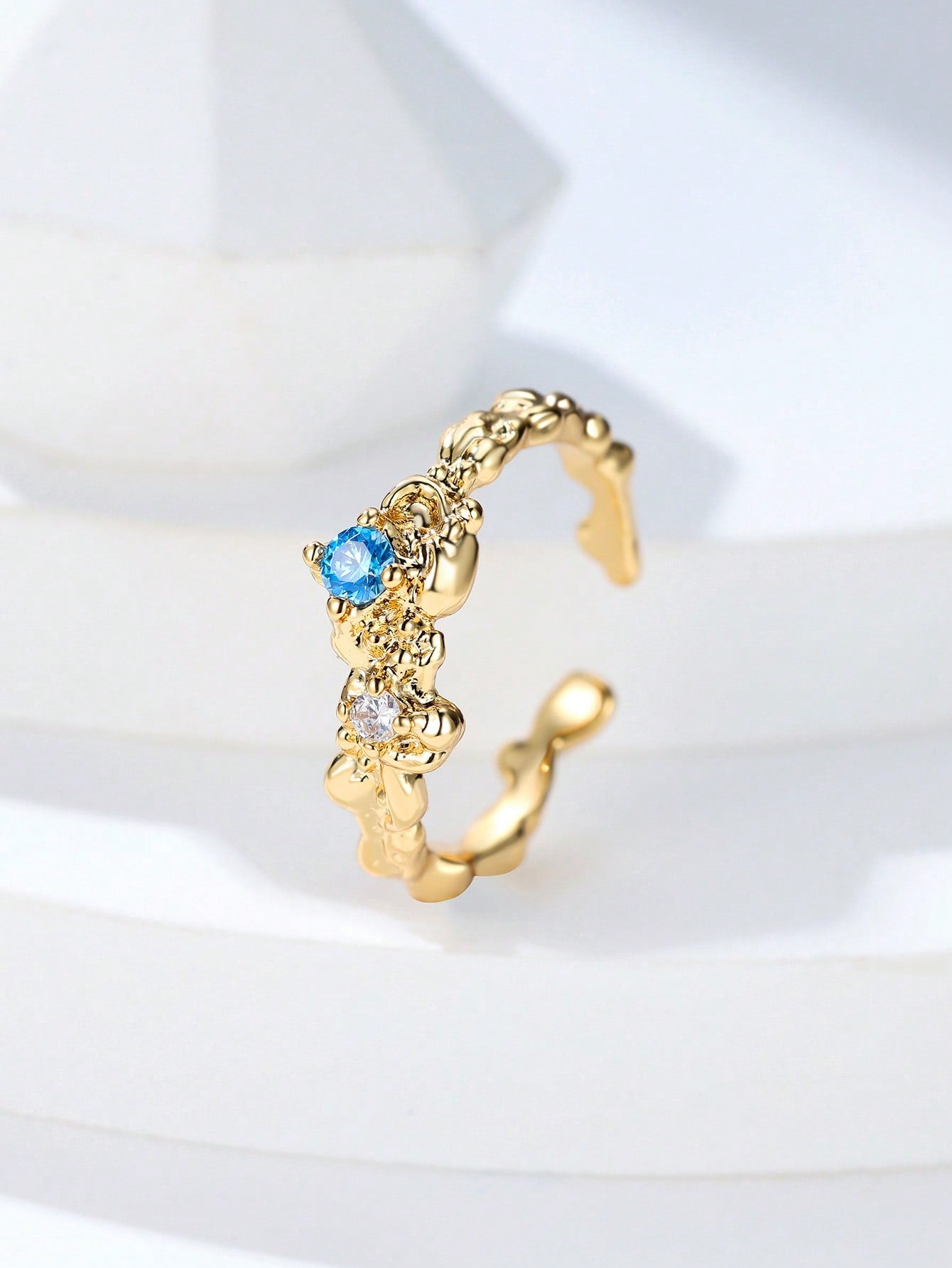 1pc Vintage Flower & Blue Cubic Zirconia Open Ring For Women, Party Jewelry