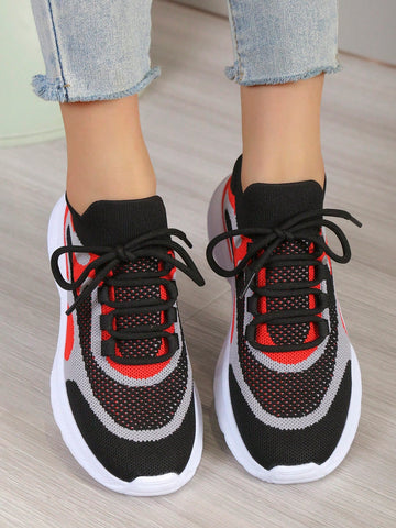 Women Colorblock Lace-up Front Sports Shoes, Sporty Outdoor Fabric Running Shoes