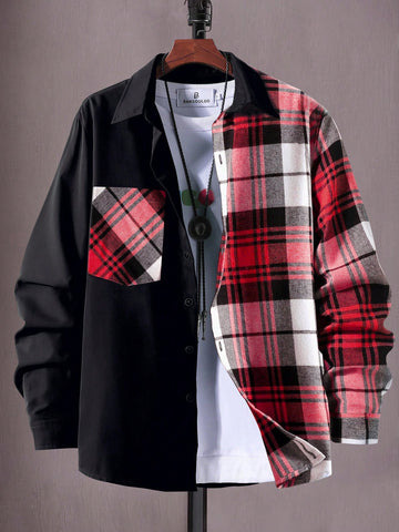 Men Plaid Print Colorblock Pocket Patched Shirt Without Tee