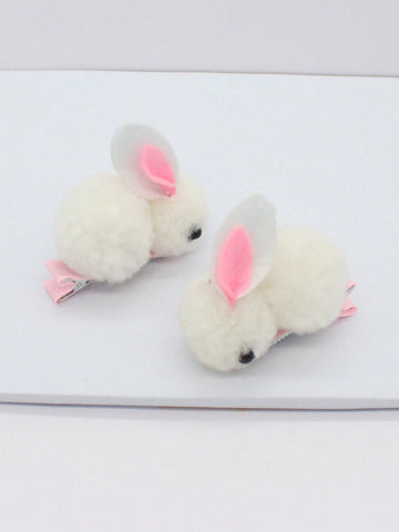2pcs Women's & Girls' Fluffy White Rabbit Ear Hair Clip & Side Clip