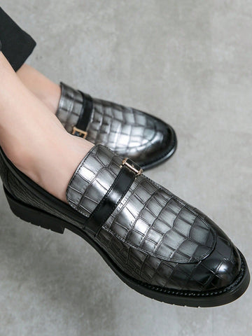 Men Metallic Crocodile Embossed Buckle Decor Monk Shoes, Artificial Leather Fashion Dress Shoes