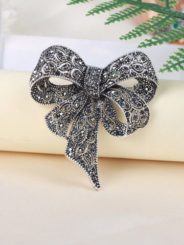 1pc Vintage Elegant Full of Rhinestones Black Big Butterfly Bow Brooch For Women's Cardigan Or Suit