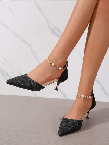Women Faux Pearl Decor Ankle Strap Pumps, Glitter Point Toe Glamorous Pumps