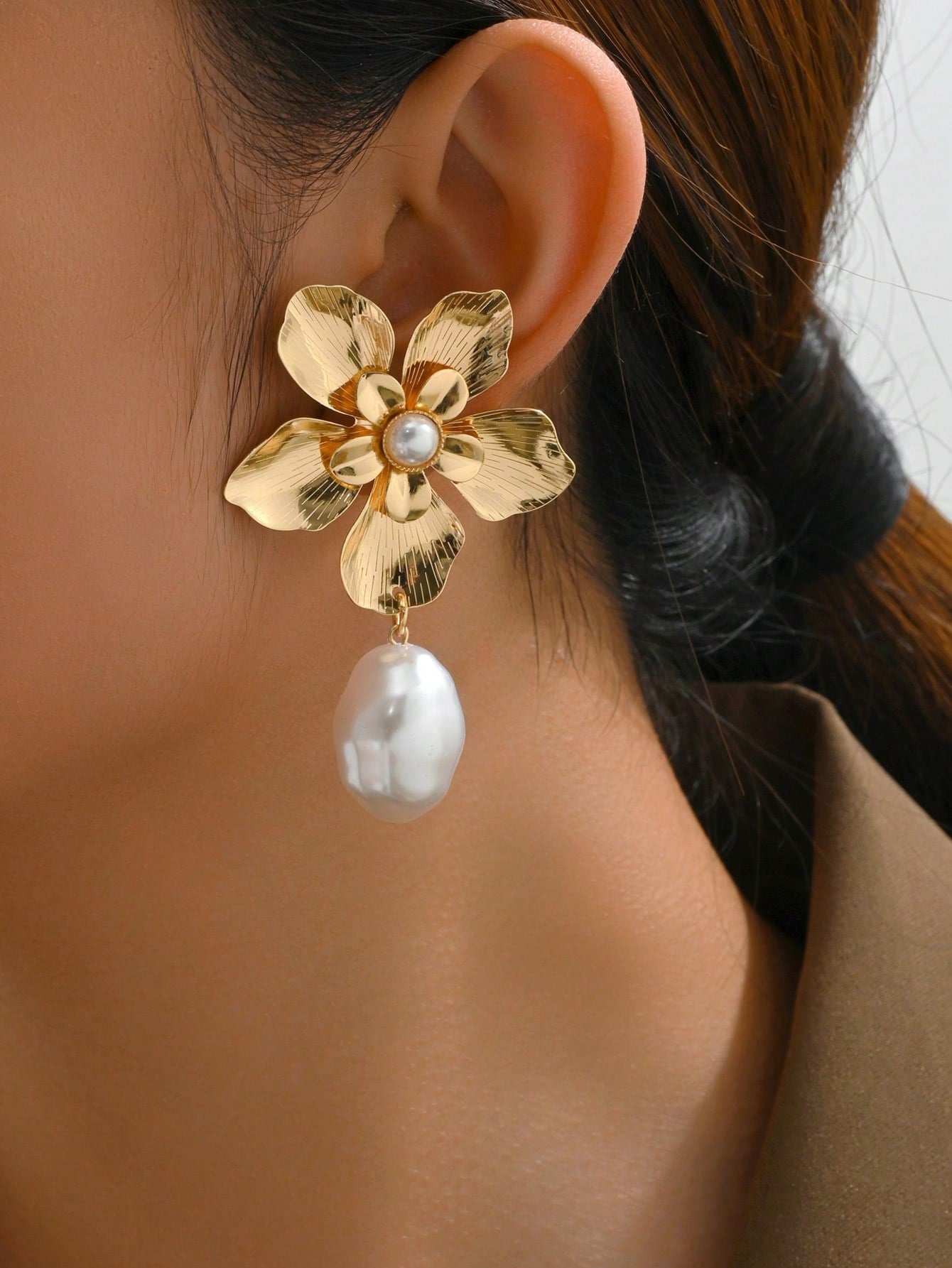 1pair Punk Style Exaggerated Flower & Faux Pearl Earrings For Women Street Party Jewelry Mother's Day Gift