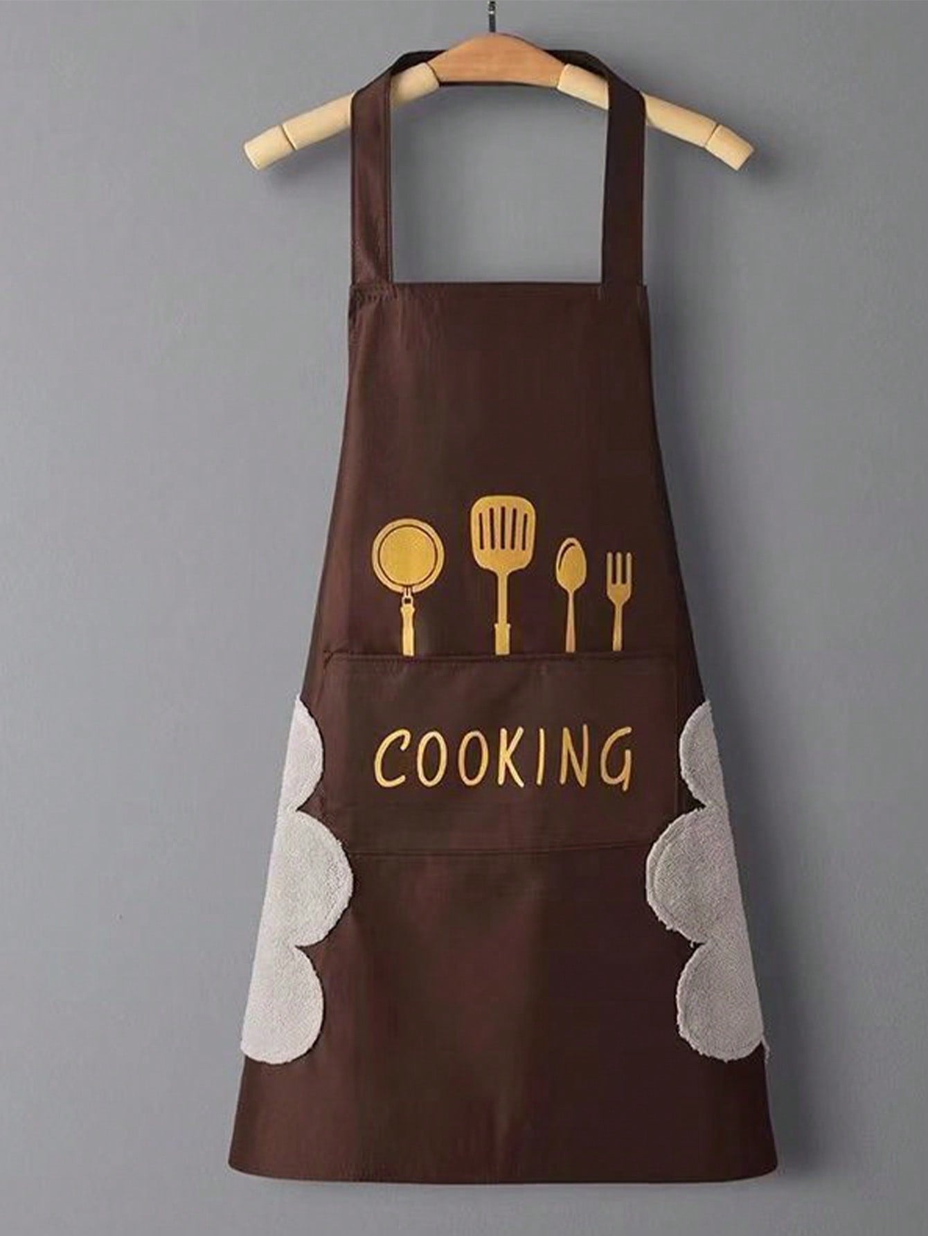 1pc Kitchenware Print Letter Graphic Apron, Polyester Coffee Brown Waterproof Apron For Kitchen