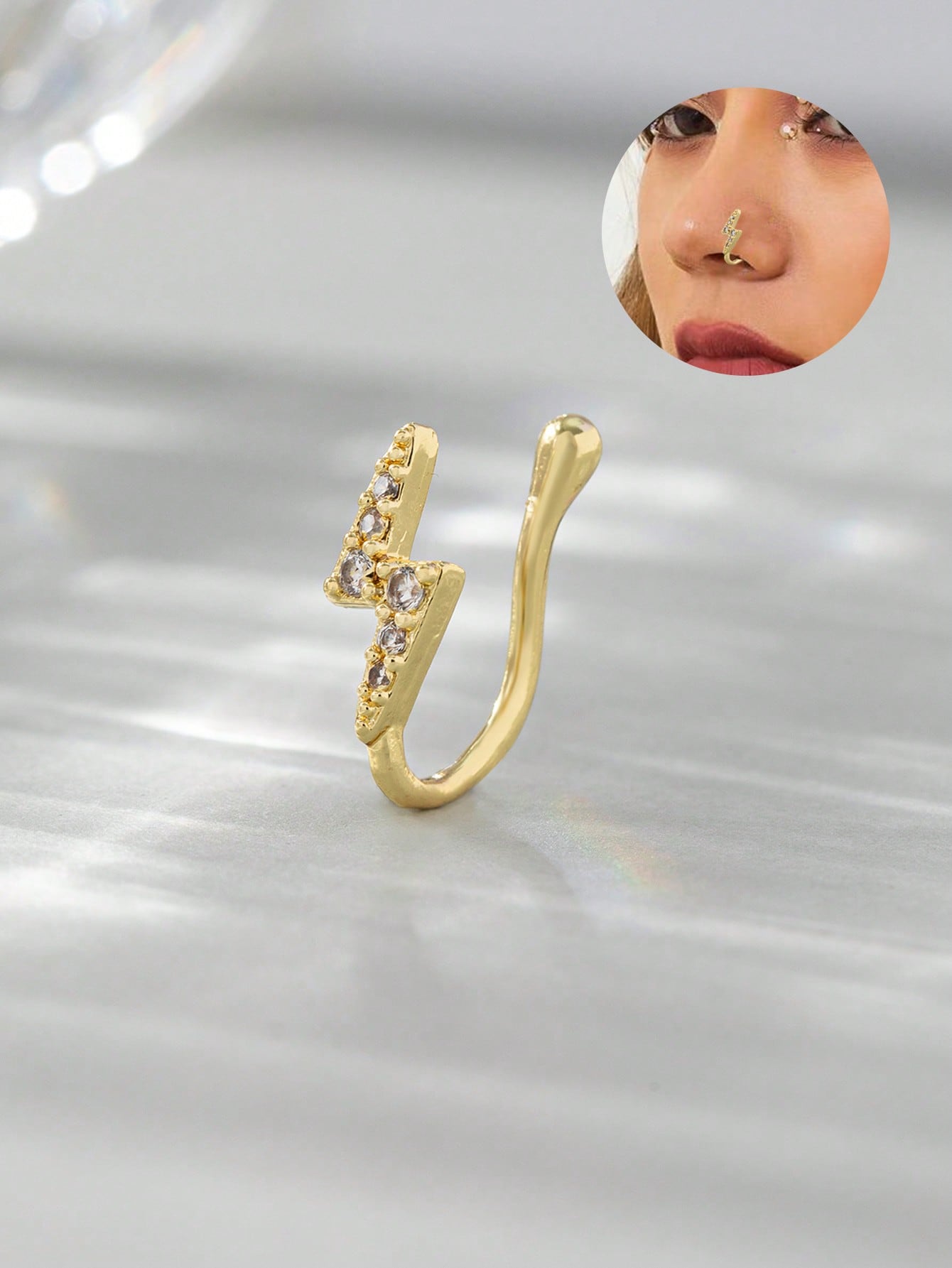 1pc Party Copper & Rhinestone Lightning Shaped Fake Nose Ring For Women Dating Gift