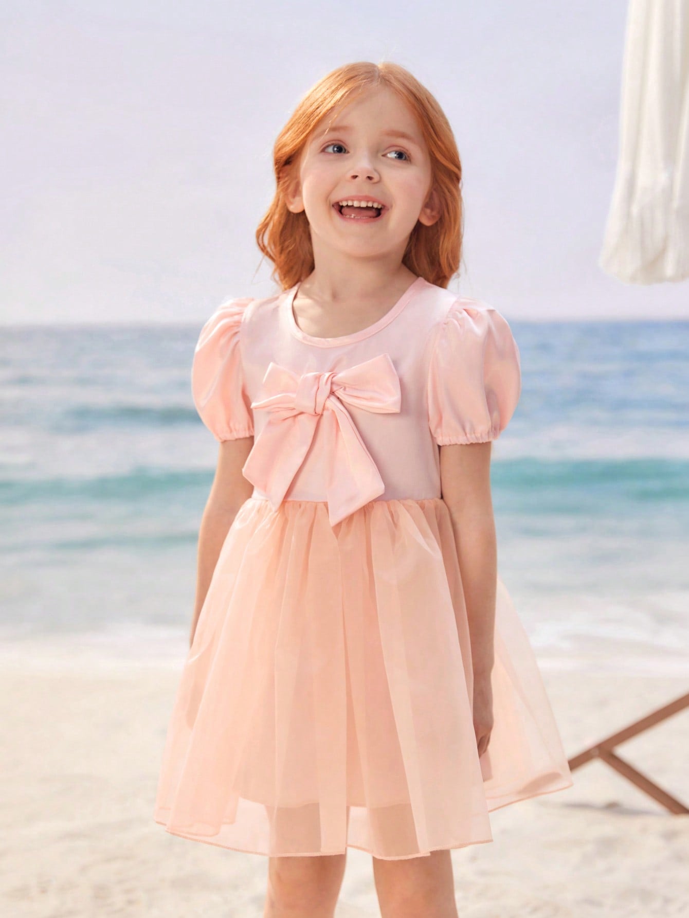 Young Girls Puff Sleeve Bow Front Mesh Overlay Party Dress