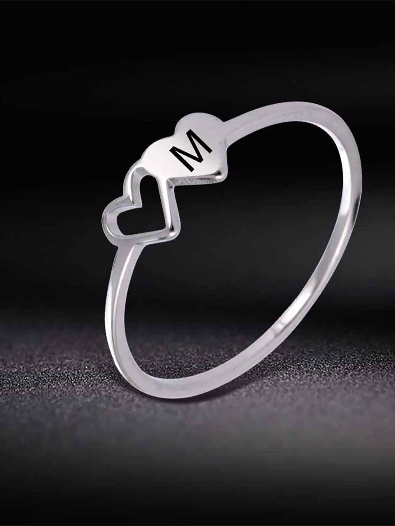 1pc Fashionable Stainless Steel Letter Graphic Heart Decor Ring For Women For Dating Gift