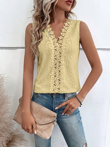 Guipure Lace Panel Eyelet Embroidery Tank Top