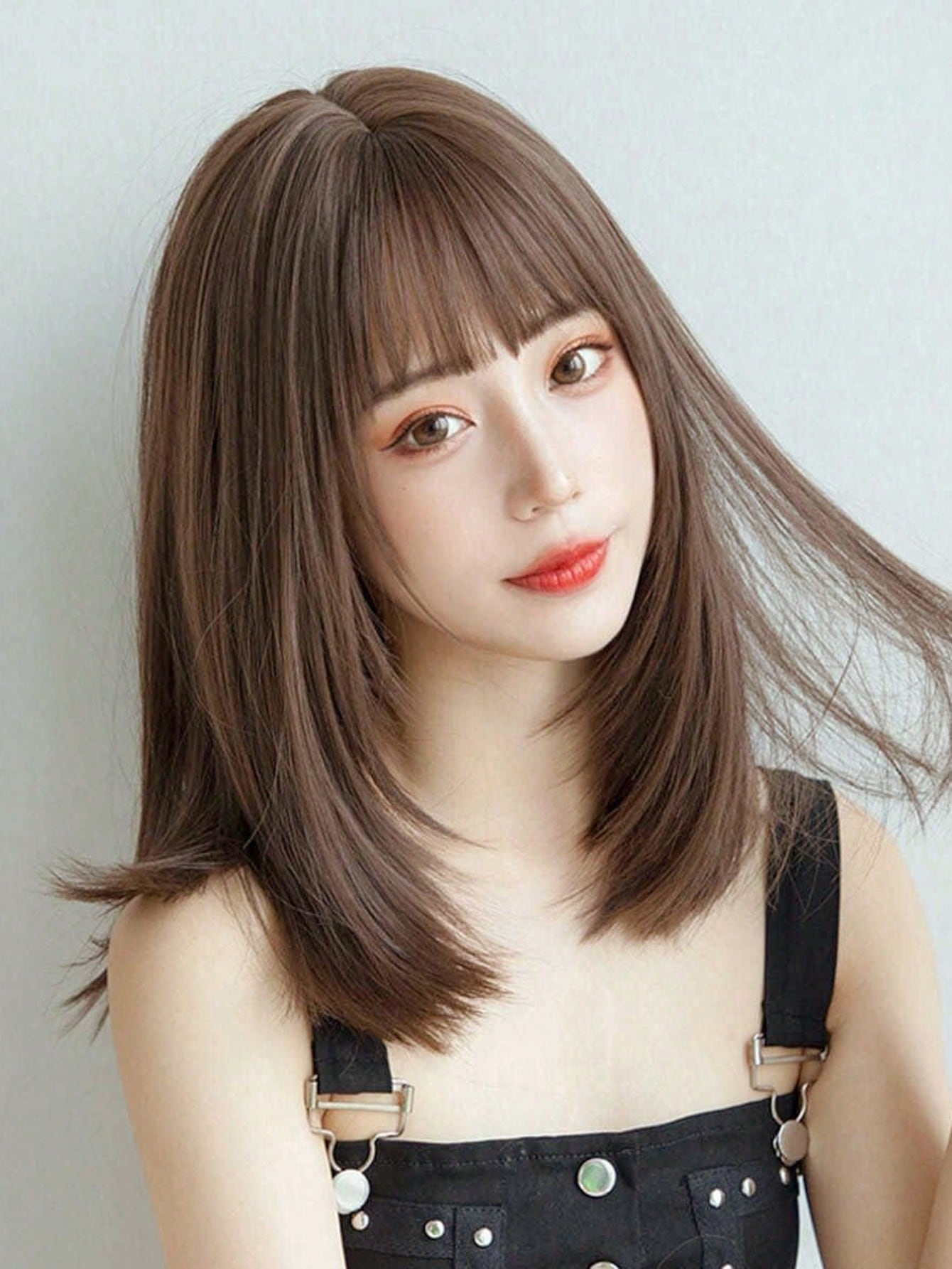 Synthetic heat resistant wigs medium length straight hair wigs with bangs brown 16 Inch affordable natural daily hair daily party use beginner friendly