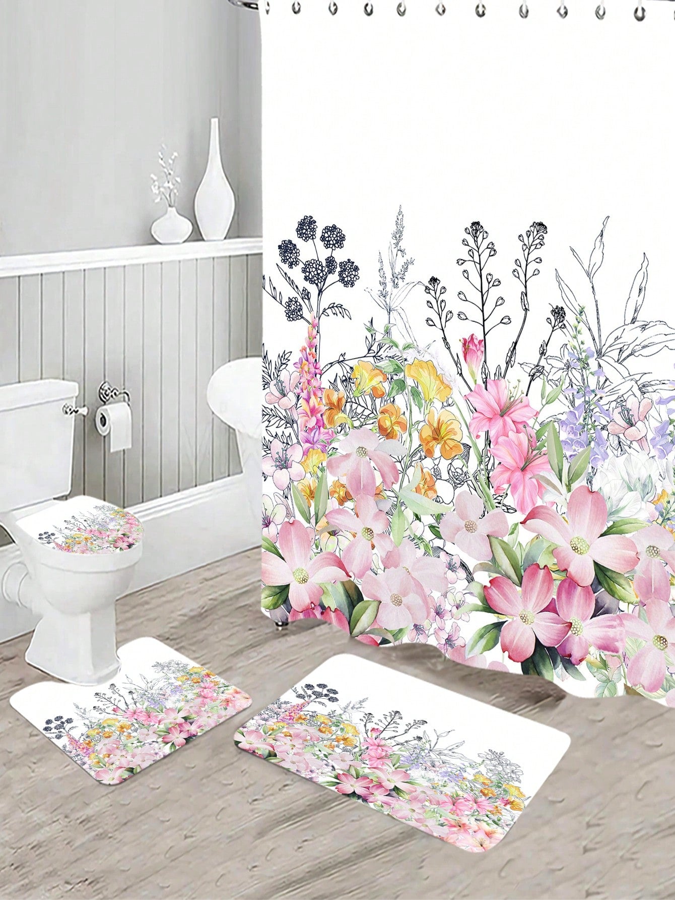 1pc Flower Pattern Shower Curtain Or Bath Mat, Modern Polyester Bath Mat Or Shower Curtain For Bathroom