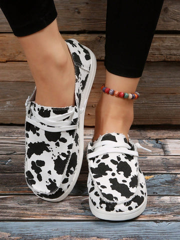 Sporty Slip On Shoes For Women, Canvas Cow Pattern Lace-up Front Sneakers