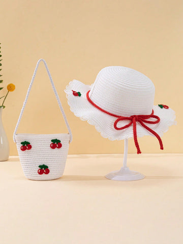 1pc Kids Cherry Decor Zipper Straw Bag & 1pc Straw Hat For Outdoor