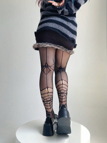 1pair Women Spider Pattern Fashion Fishnet Garter Tights For Daily Life