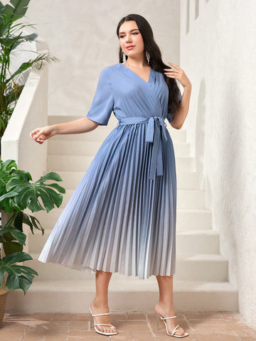 Plus Ombre Pleated Hem Belted Dress