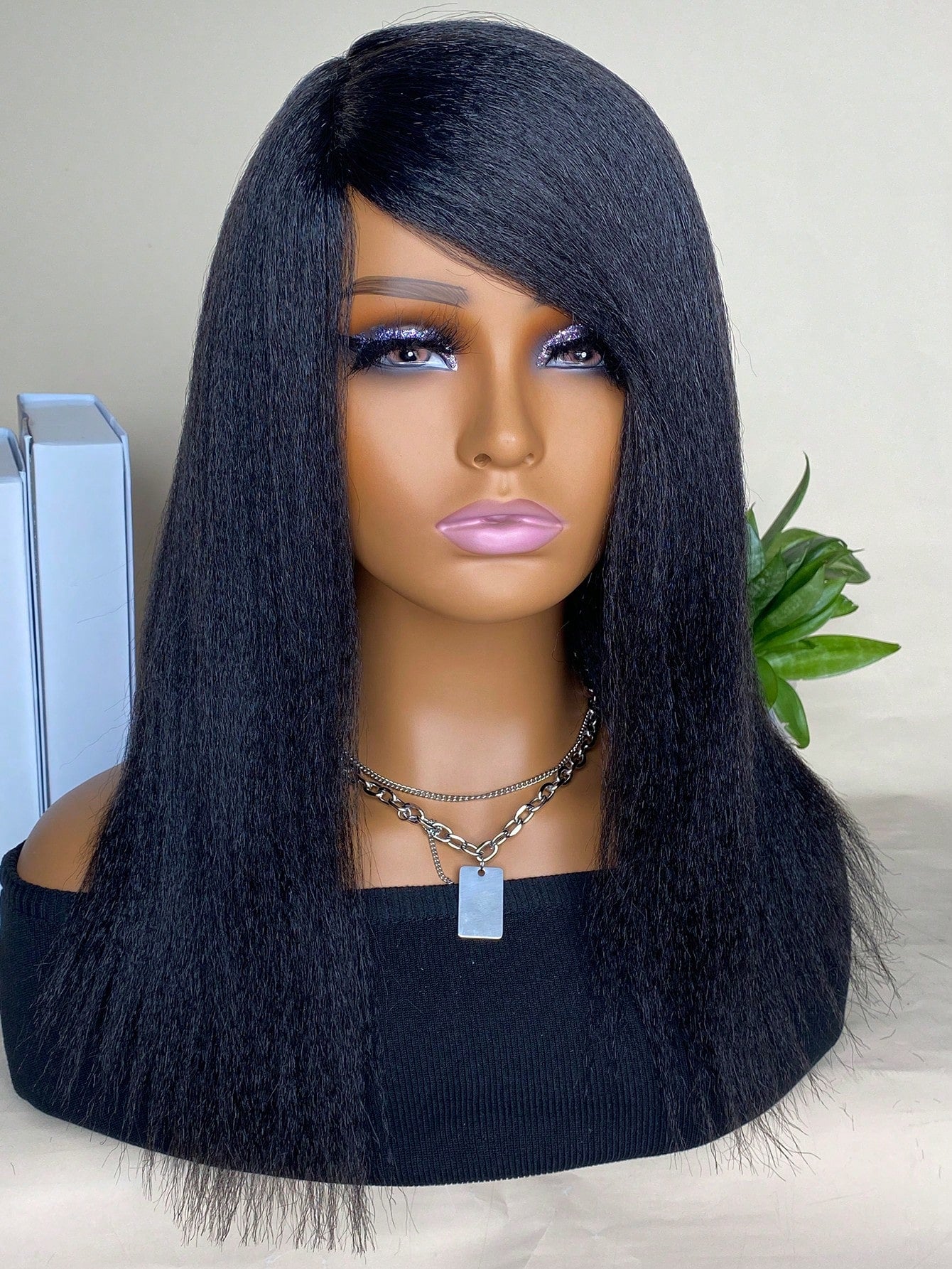 Synthetic Heat Resistant Wigs Kinky Straight Hair Wigs Natural Black 18inch Natural Daily Hair Synthetic Wigs