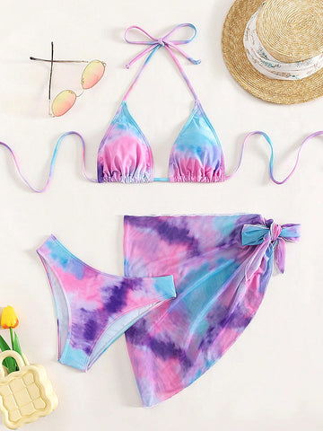 Tie Dye Halter Triangle Bikini Swimsuit With Beach Skirt,Summer Beach