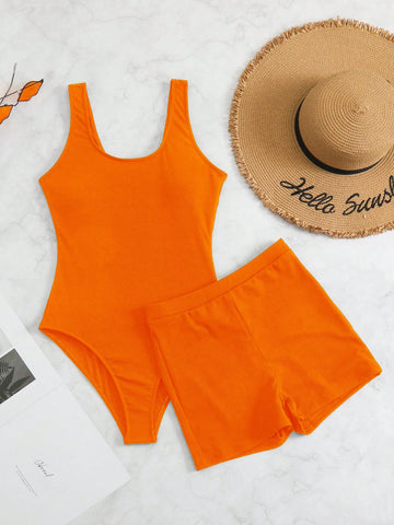 Plain One Piece Swimsuit With Beach Shorts
