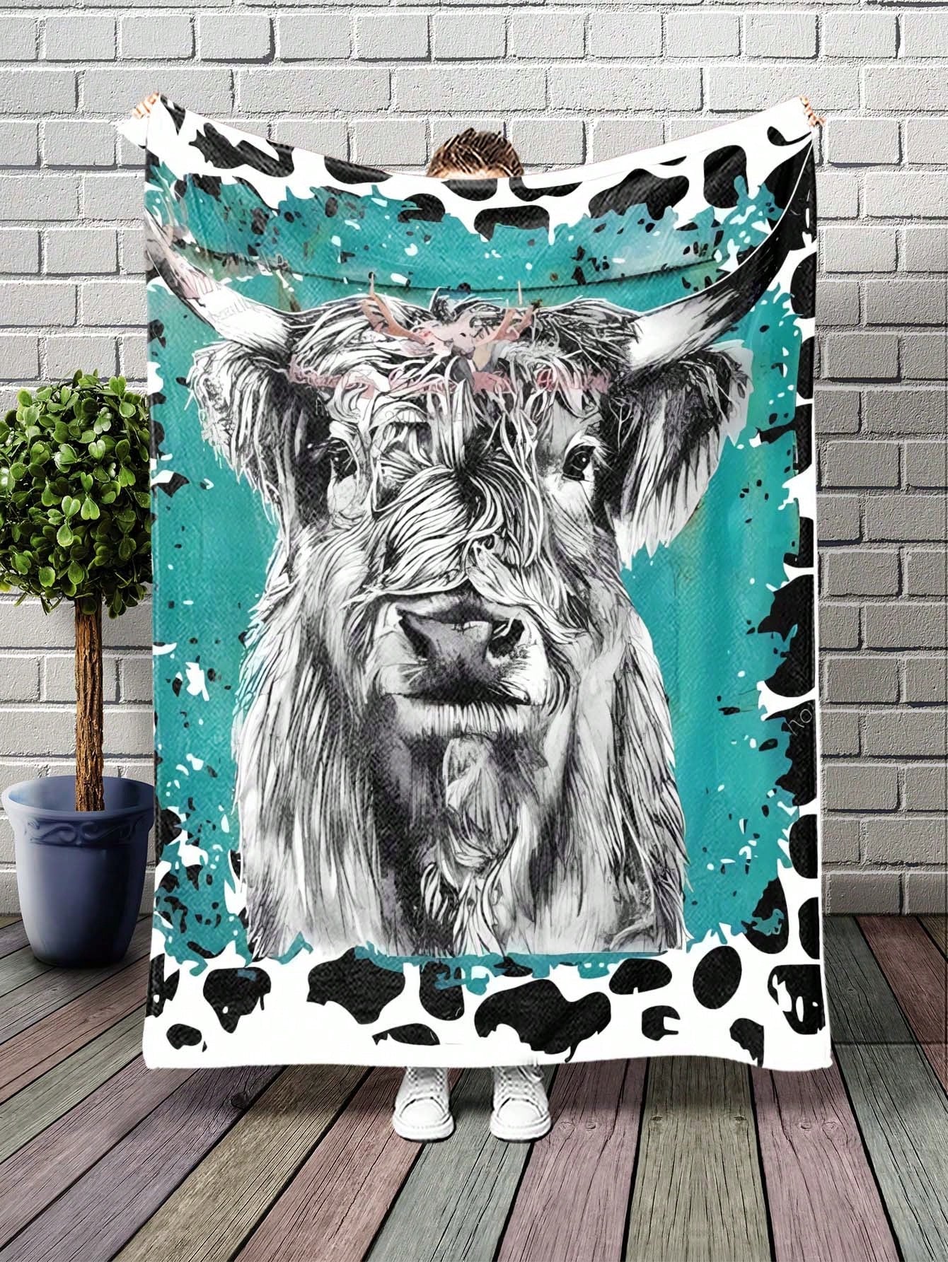 1pc Cow Pattern Blanket, Knitted Fabric Soft & Warm Blanket For Living Room & Bedroom, Home Decor