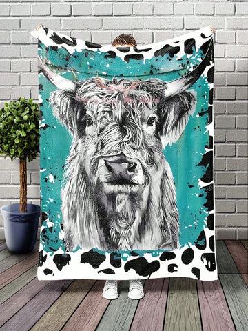 1pc Cow Pattern Blanket, Knitted Fabric Soft & Warm Blanket For Living Room & Bedroom, Home Decor