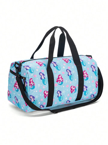 Girls Zipper Top Handle Bag Mermaid & Flower Pattern Lightweight Adjustable-strap