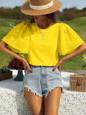 Eyelet Embroidery Butterfly Sleeve Tee