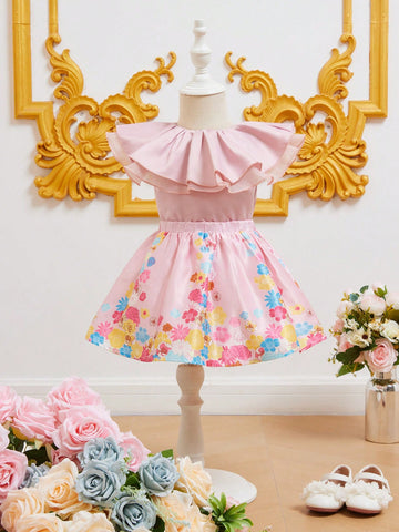 Baby Ruffle Trim Top & Floral Print Skirt