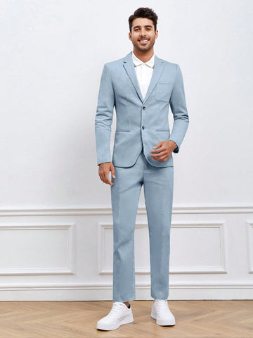 Men Cotton Solid Blazer & Suit Pants Set
