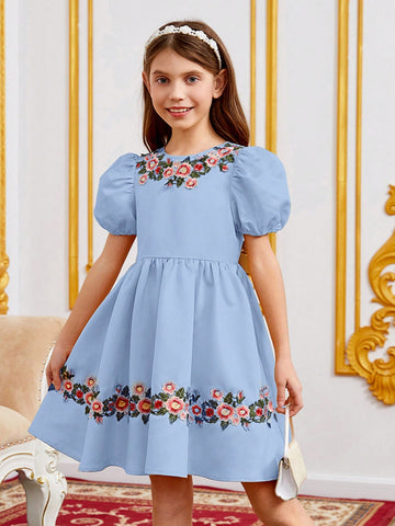 Girls Floral Embroidery Puff Sleeve Dress