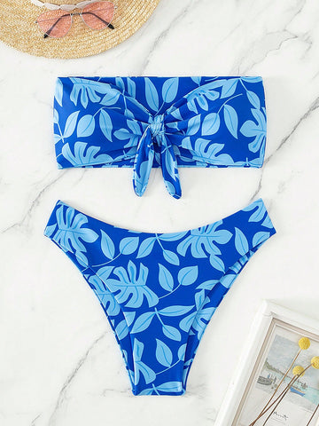 Summer Beach Tropical Print Knot Front Bandeau Bikini Swimsuit
